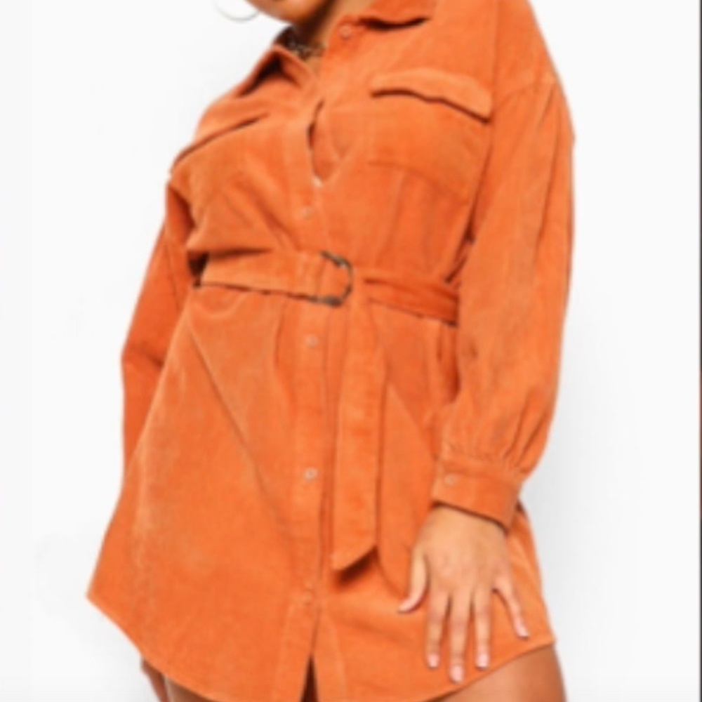 PLUS CORD VOLUME SLEEVE BELTED MINI DRESS - RUST